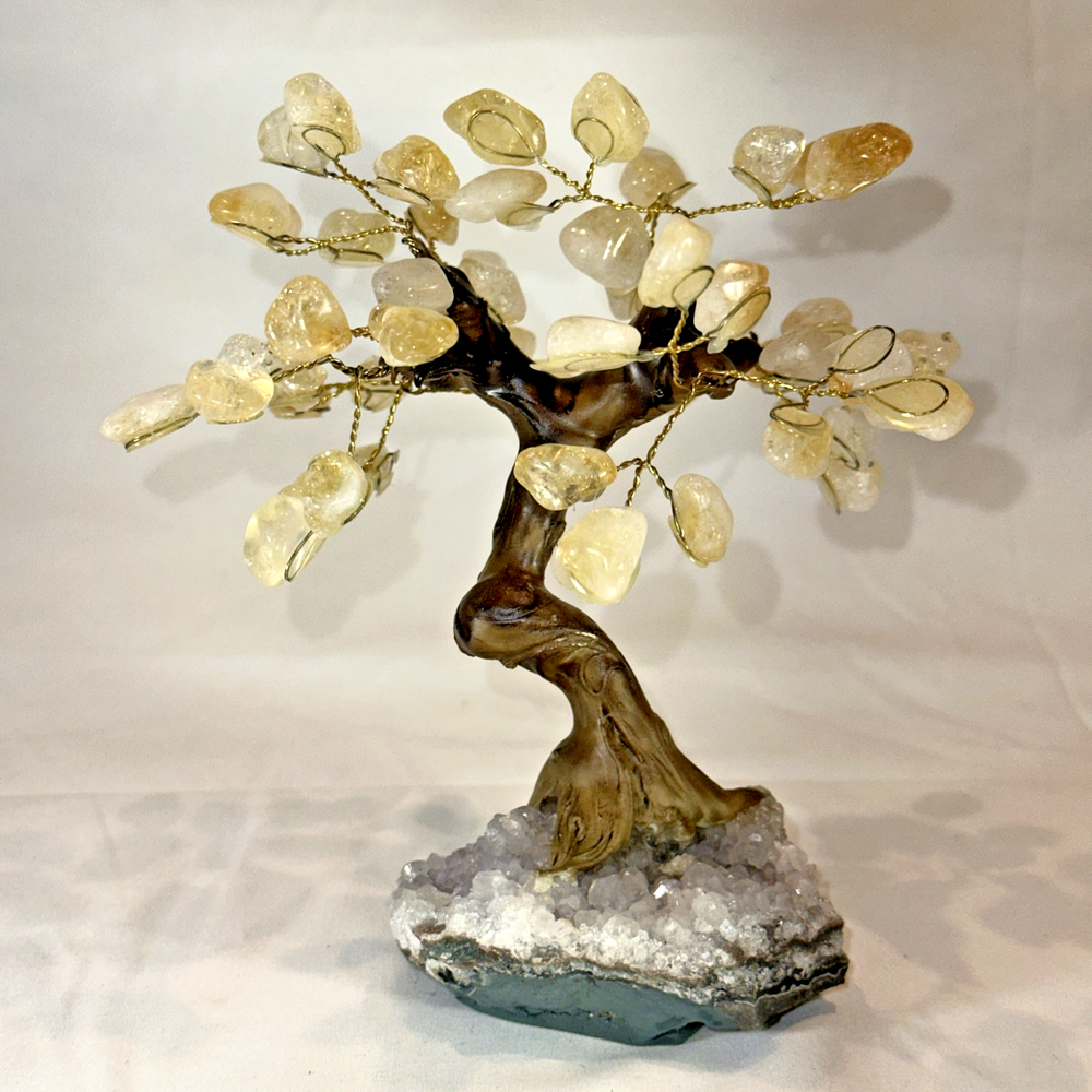 Citrine Crystal Gemstone Bonsai Tree of Life Chakra on Amethyst Base 6 Inch
