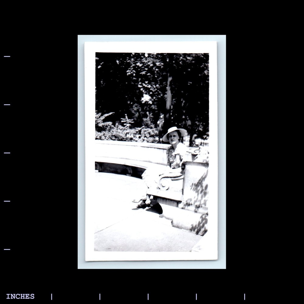 Old Vintage Photo WOMAN WEARING HAT SITTING ON BENCH