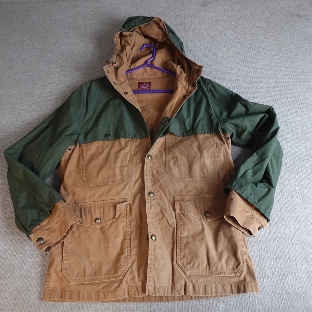 J.CREW Mens Jacket Medium Beige Green Barn Chore Coat Hooded Shell Pockets