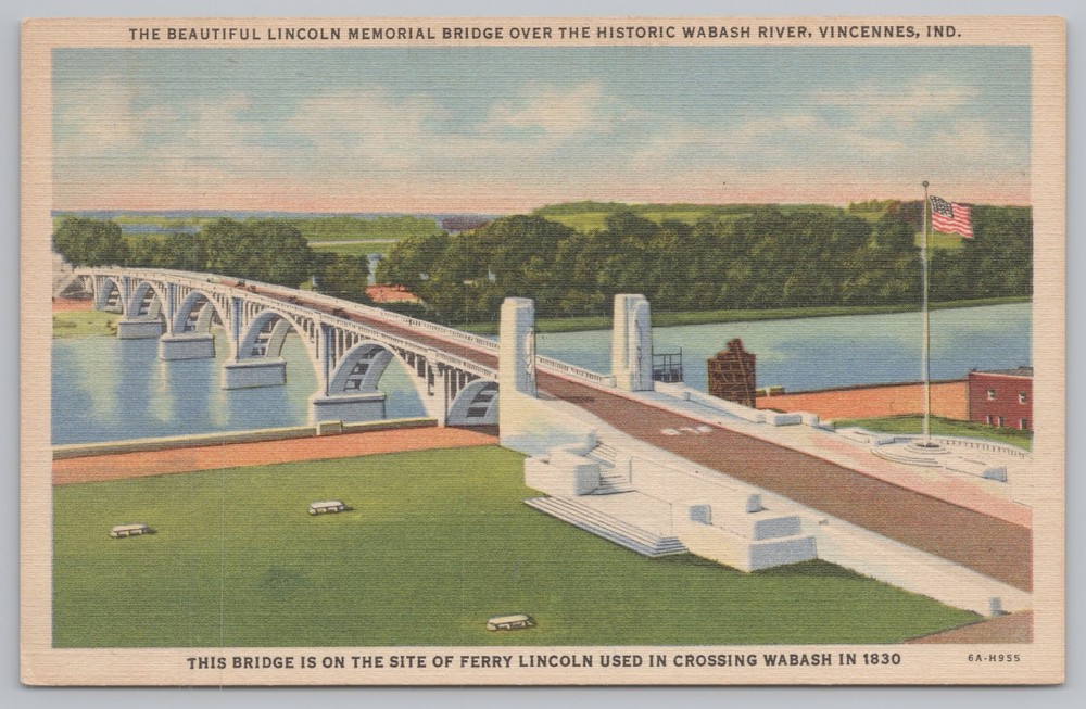 Bridge~Vincennes Indiana~Lincoln Memorial Bridge~Wabash River~Linen Postcard