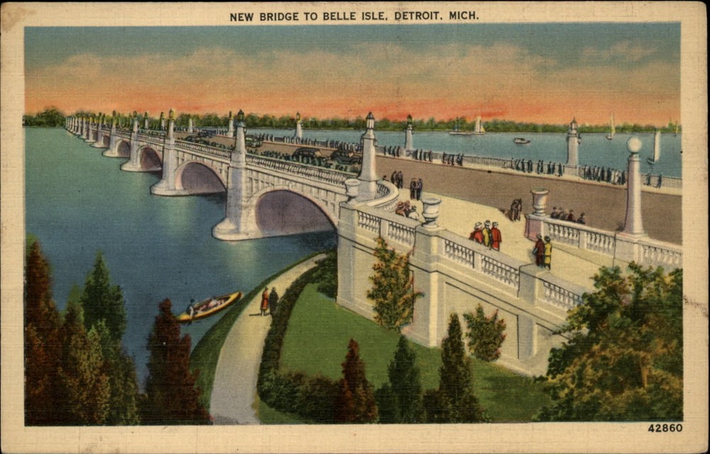 Michigan Detroit Belle Isle Bridge canoe ~ 1930s linen postcard sku515