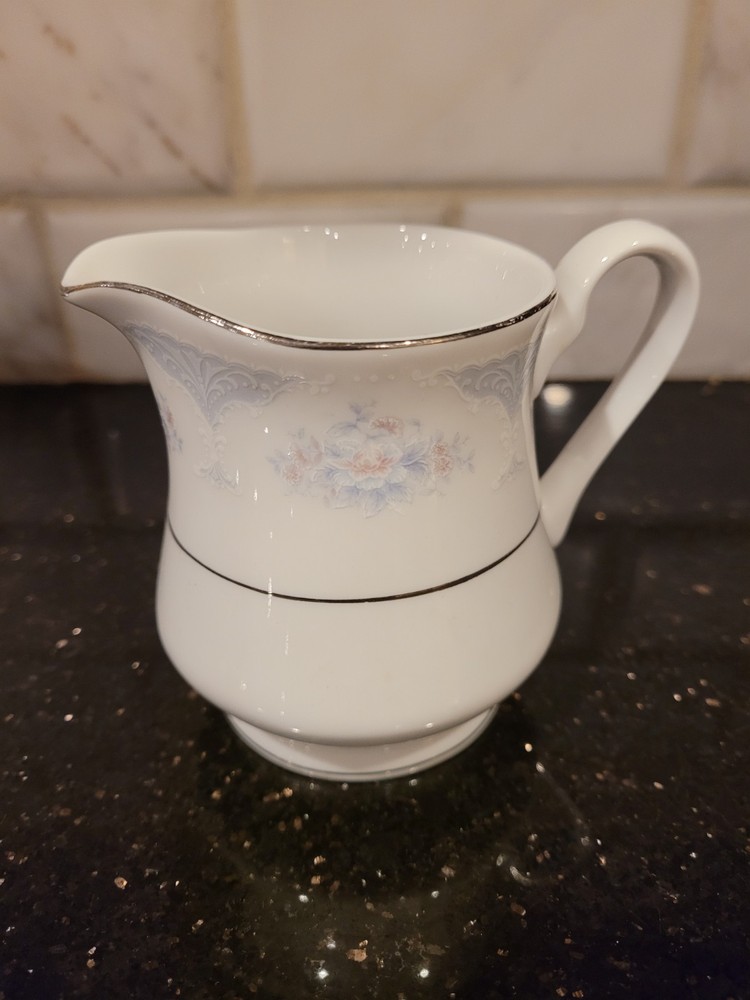 Silvere Fine China Japan Floral Creamer Pitcher Platinum Trim Cottagecore
