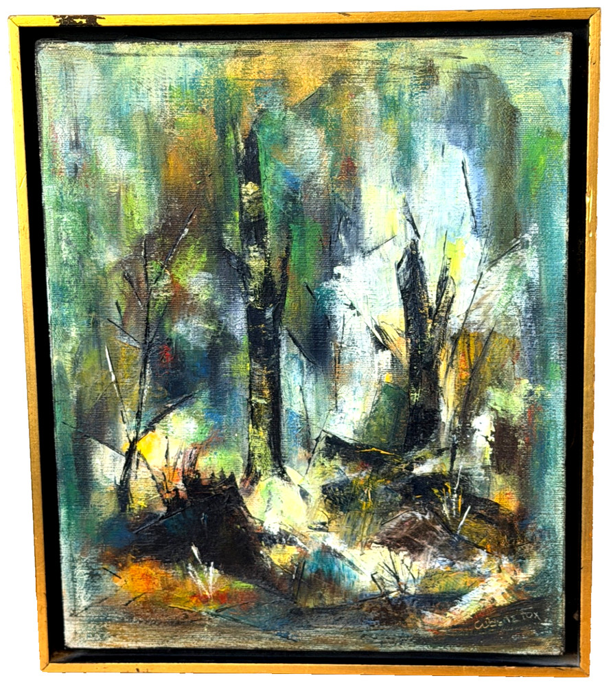 Aldene Fox Texas Artist Art Abstract Landscape Forest Tree Oil Painting Vtg Rare-image