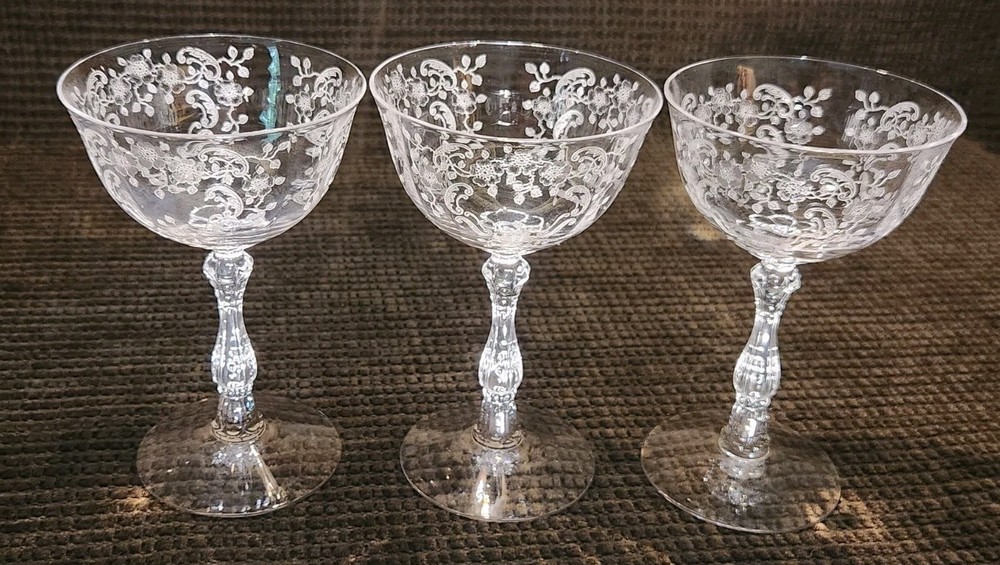 3 pcs. FOSTORIA MEADOW ROSE Champagne Tall Sherbet Glasses Etched 5.5