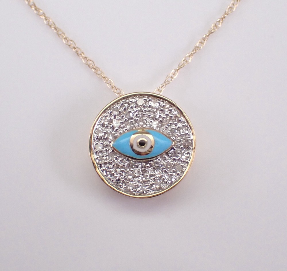 Yellow Gold Diamond Evil Eye Circle Pendant Choker Necklace