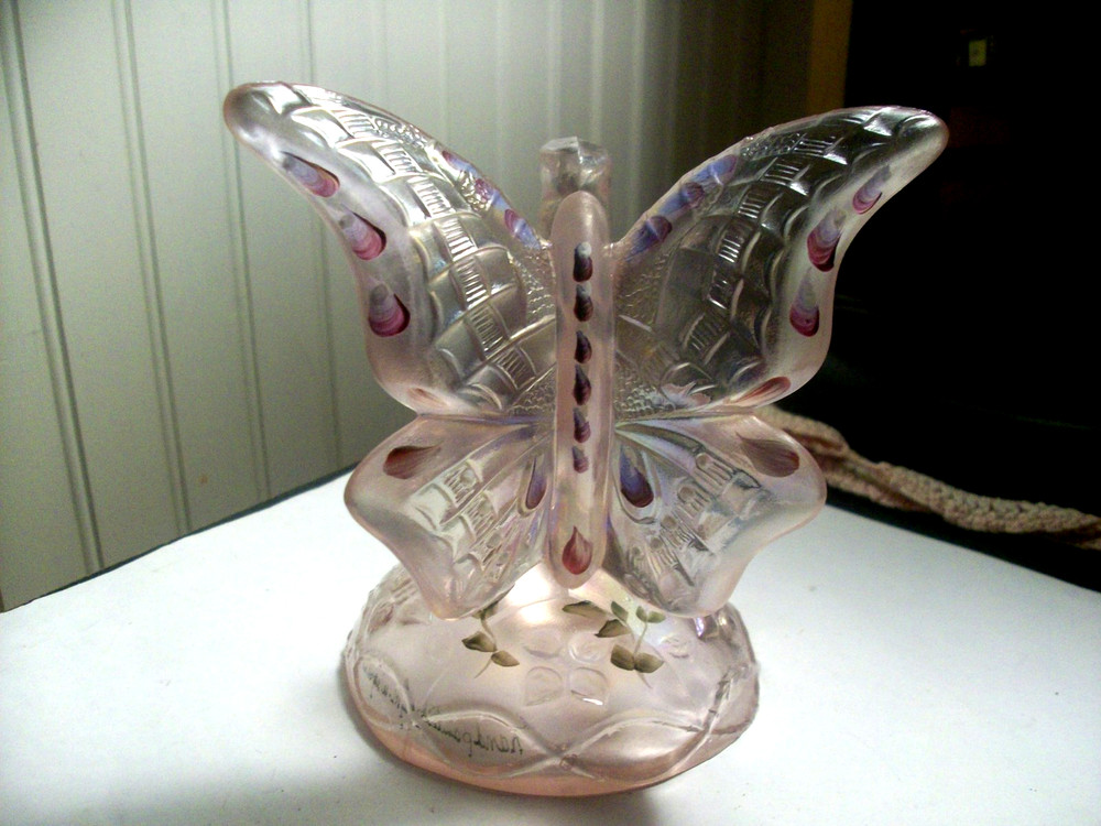 VNTG FENTON pink iridescent satin glass butterfly on branch H.P. signed M.Wagner