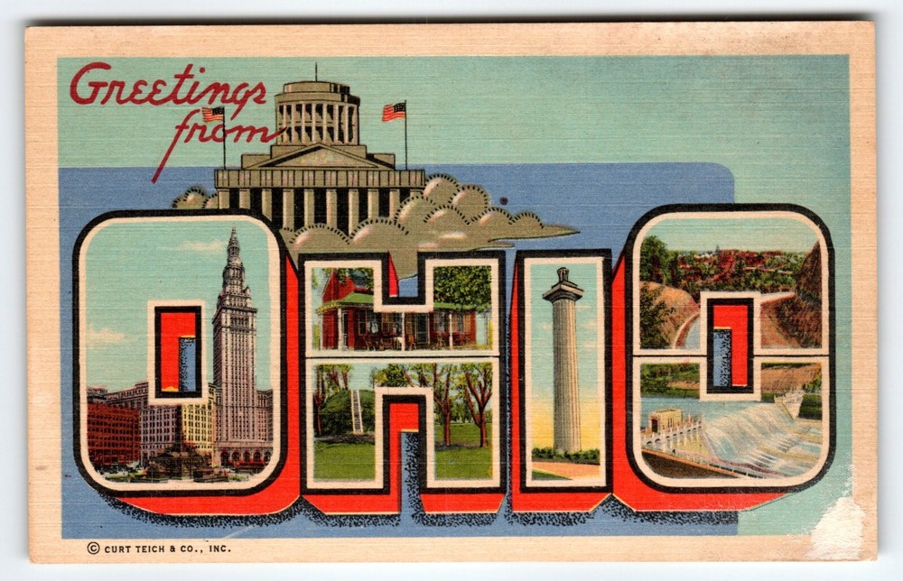 Greetings From Ohio Large Big Letter Linen Postcard Curt Teich Vintage