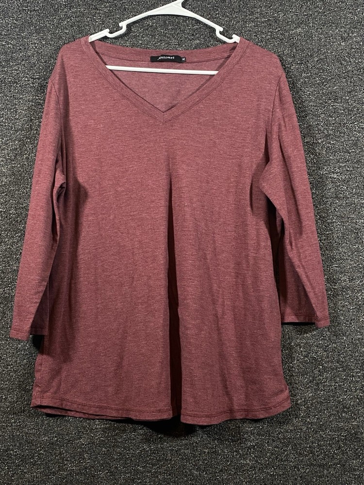 Automet Womens T-Shirt Burgundy 3/4 Sleeve Shirt V-Neck Size XL