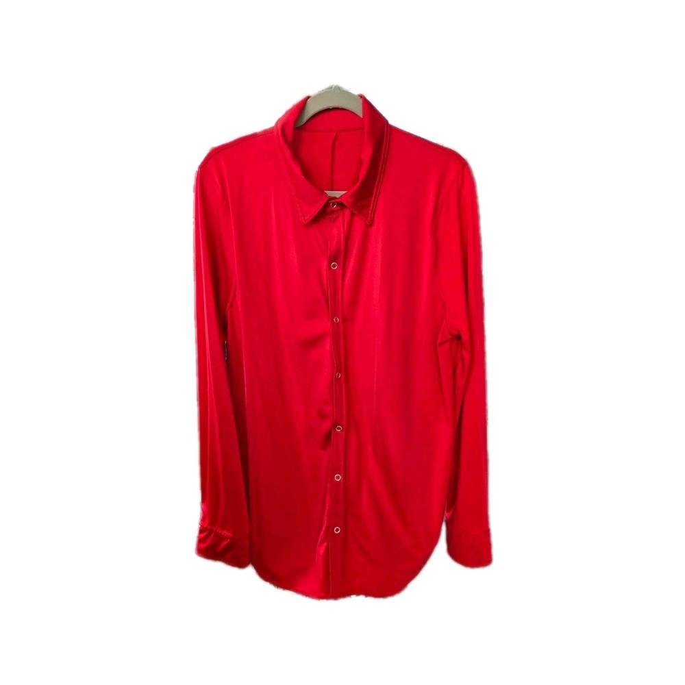 WEISSMAN Red Satin Collared Button Accent Long Sleeve Blouse Women XL