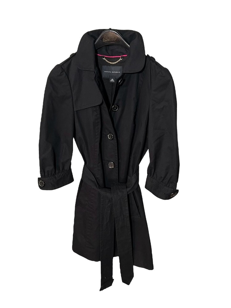 BANANA REPUBLIC Womens (XS) Black 3/4 Sleeve Trench Coat Button-Up Belted Lined