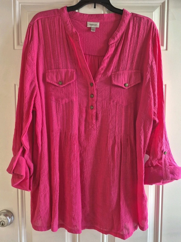 AVENUE Gauze Blouse - 22/24 - Split V-Neck w/Placket, Pkts, 3/4 Roll Tab Sleeves