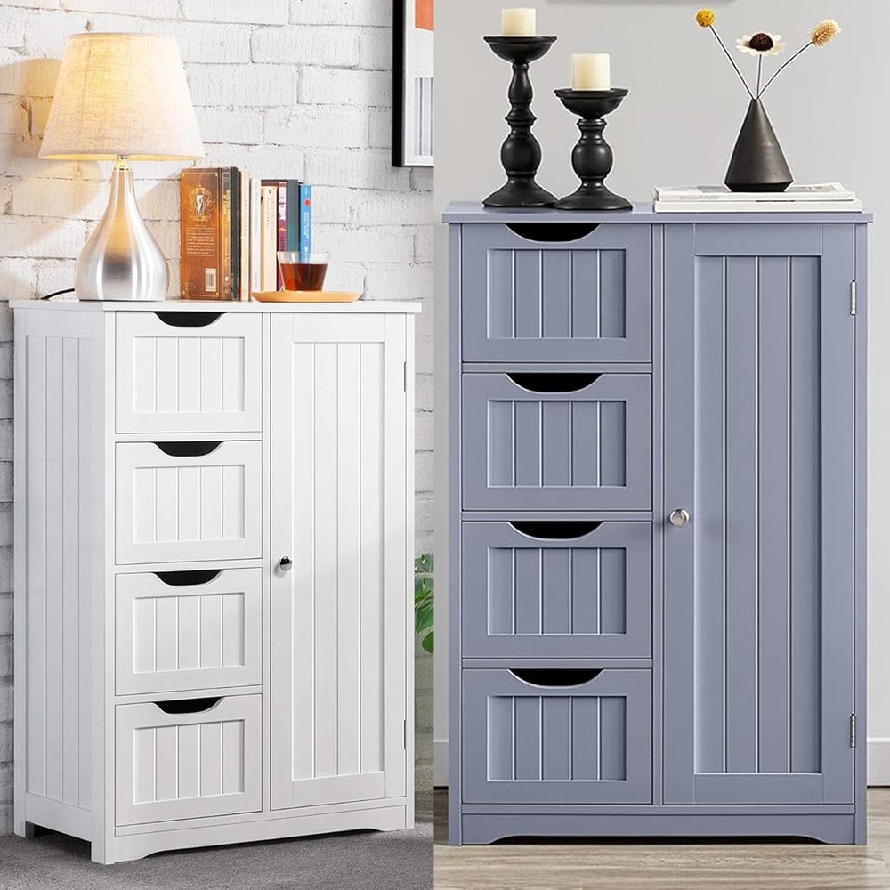 White 4-Drawer 1-Door Bathroom Storage Cabinet Free Standing Wood Cupboard