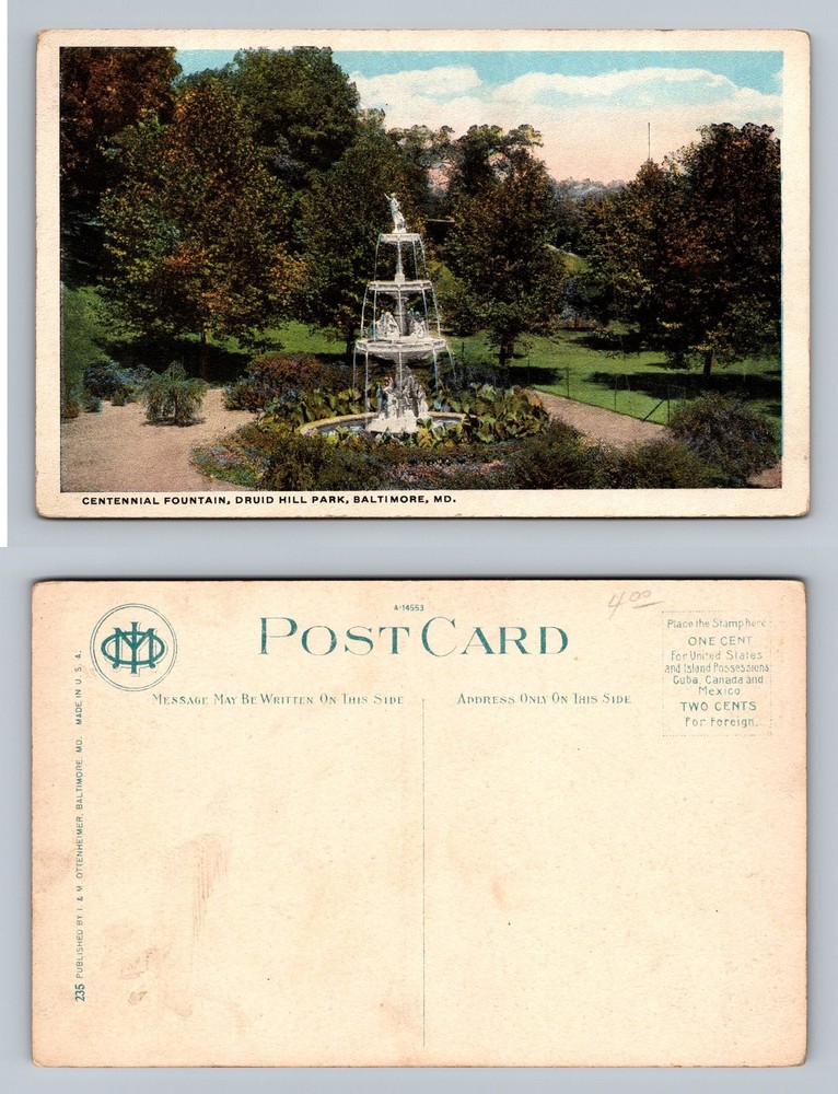 Baltimore, MD-Maryland, Druid Hill Park Centennial Fountain Old Vintage Postcard