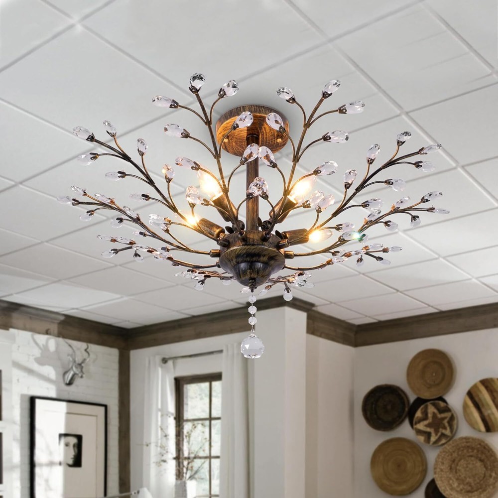 Retro Crystal Branch Chandeliers, Brushed Vintage Hanging Pendant Ceiling Lights
