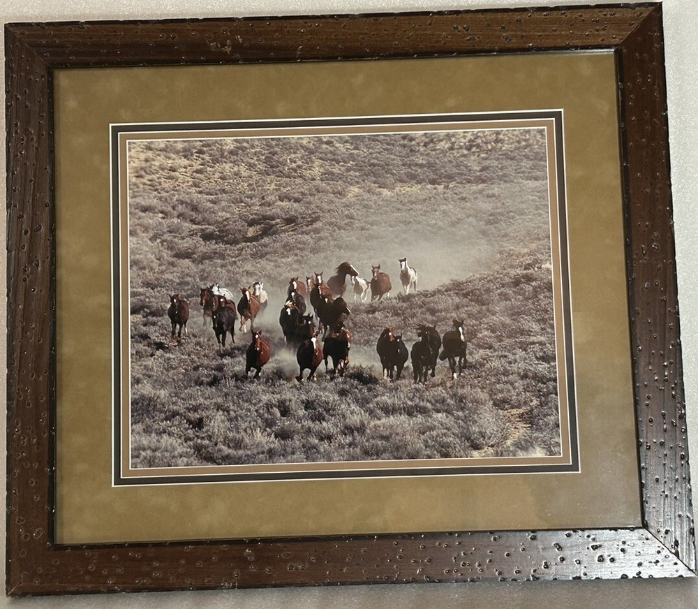 Wild West Horse Herd Art Photo Sepia Rustic Wood Frame Matted Hadley House 18x21