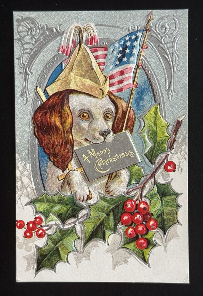 Antique Postcard Xmas Dog Series Christmas Patriotic Flag Foil Embossed Unposted
