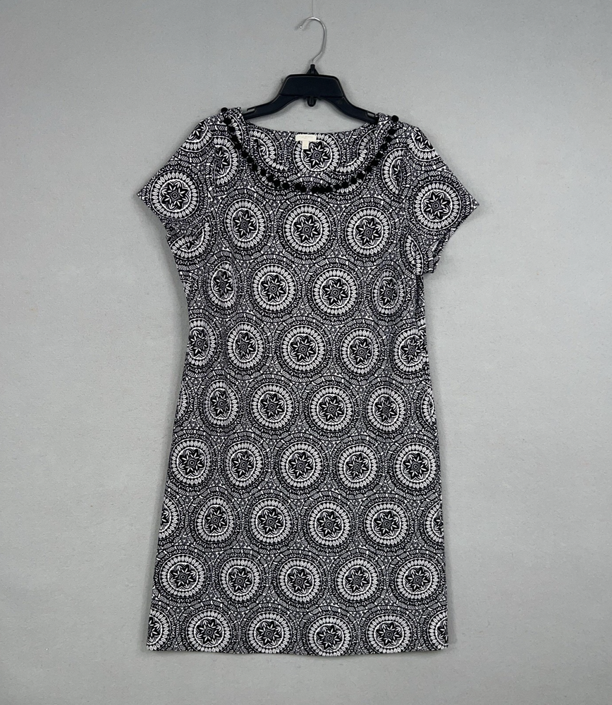 Talbots Dress Womens Large Black White Medallion Shift Pom Pom Neckline Stretch