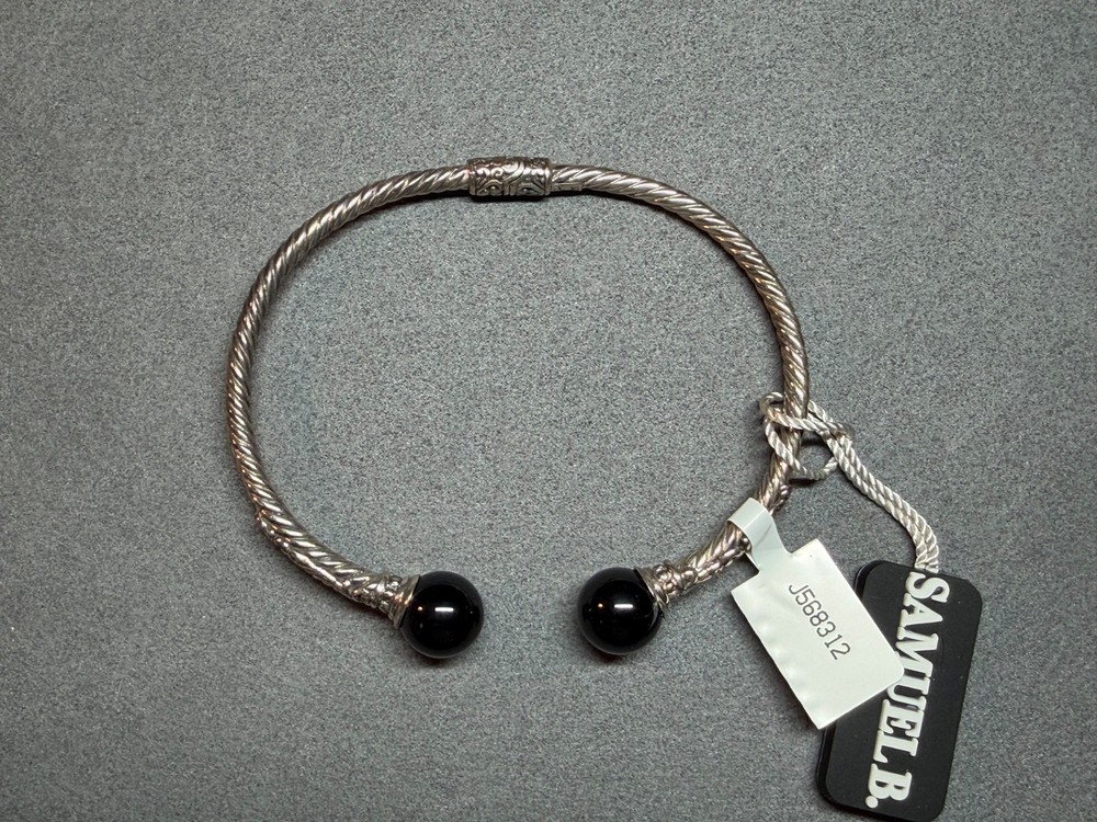 SAMUEL B 925 Sterling Silver Black Onyx Twisted Hinged Cuff Bracelet 7 Inch