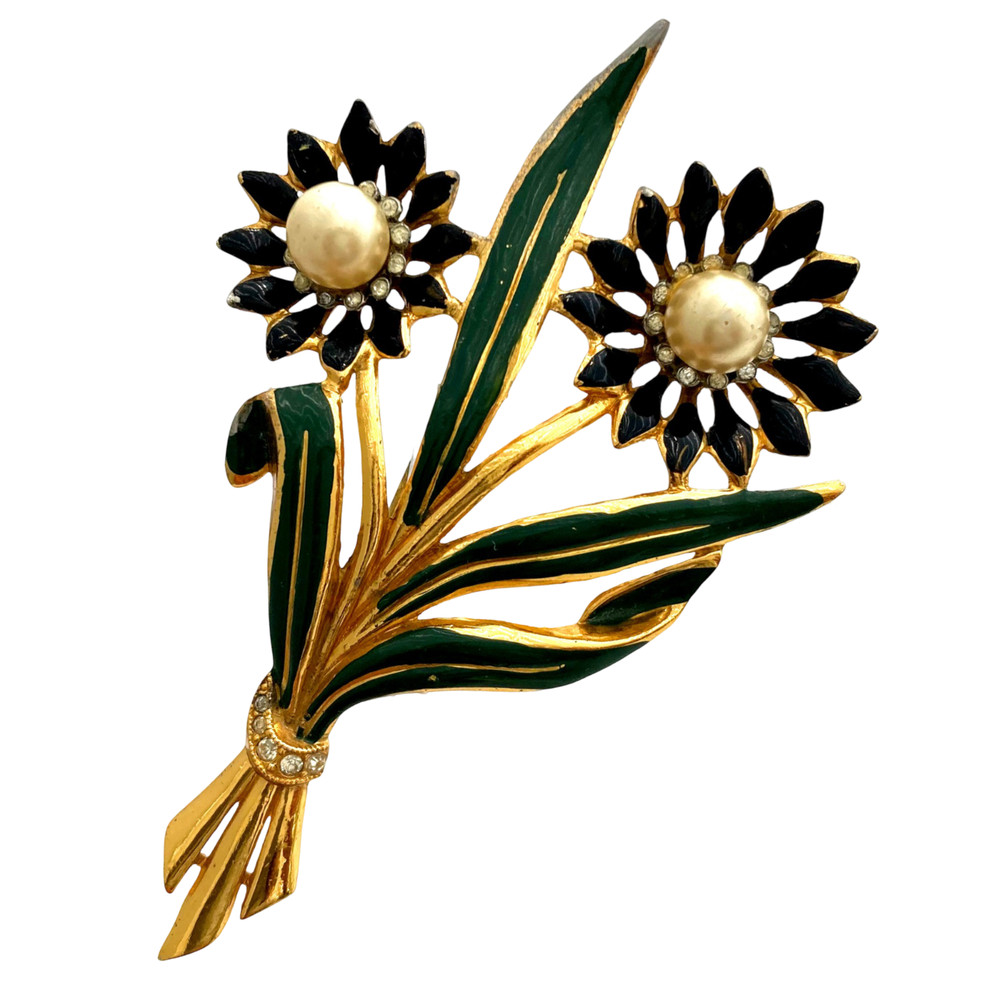 Vintage 1940s CORO Flower Black Enamel Faux Pearl Rhinestone Leaf Figural Brooch