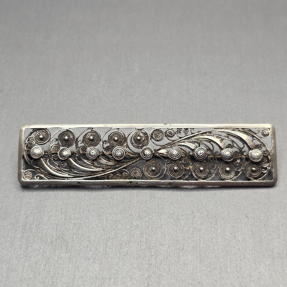VTG 835 Silver Filigree Bar Brooch 2 3/8