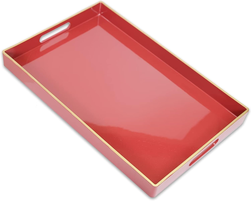 Red Decorative Coffee Table Tray, Rectangular Plastic Serving Tray with Handles