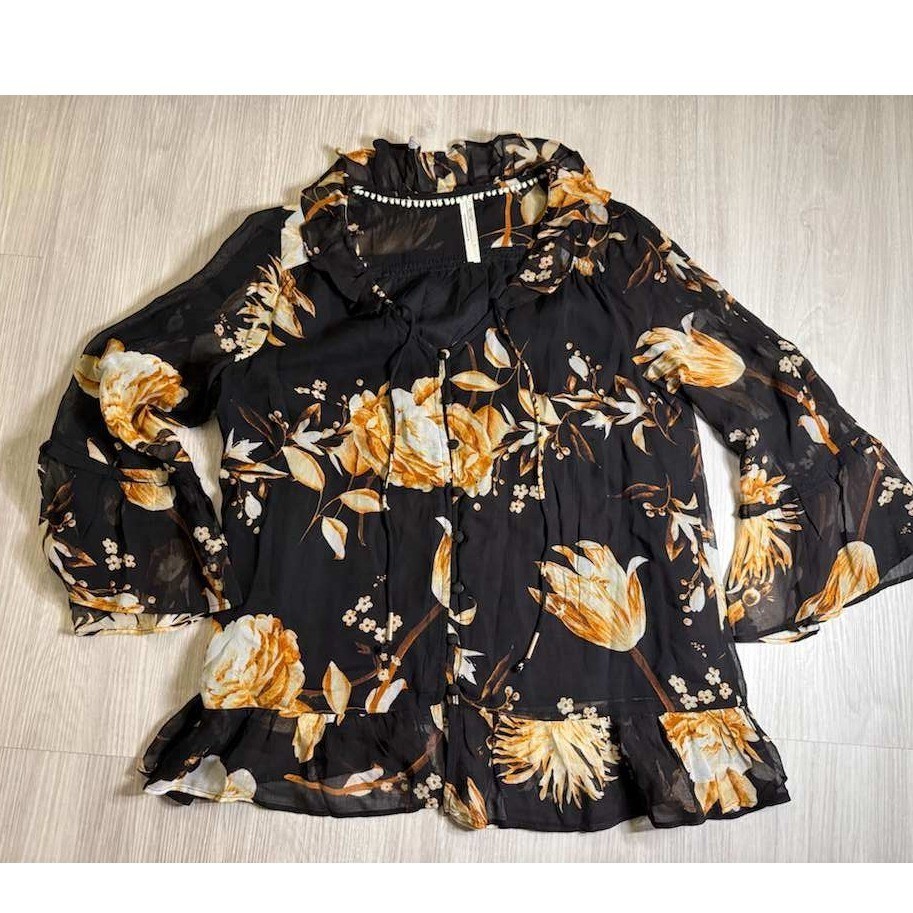 Anthropologie Black Floral Ruffle Bell Sleeve Boho Blouse Top S