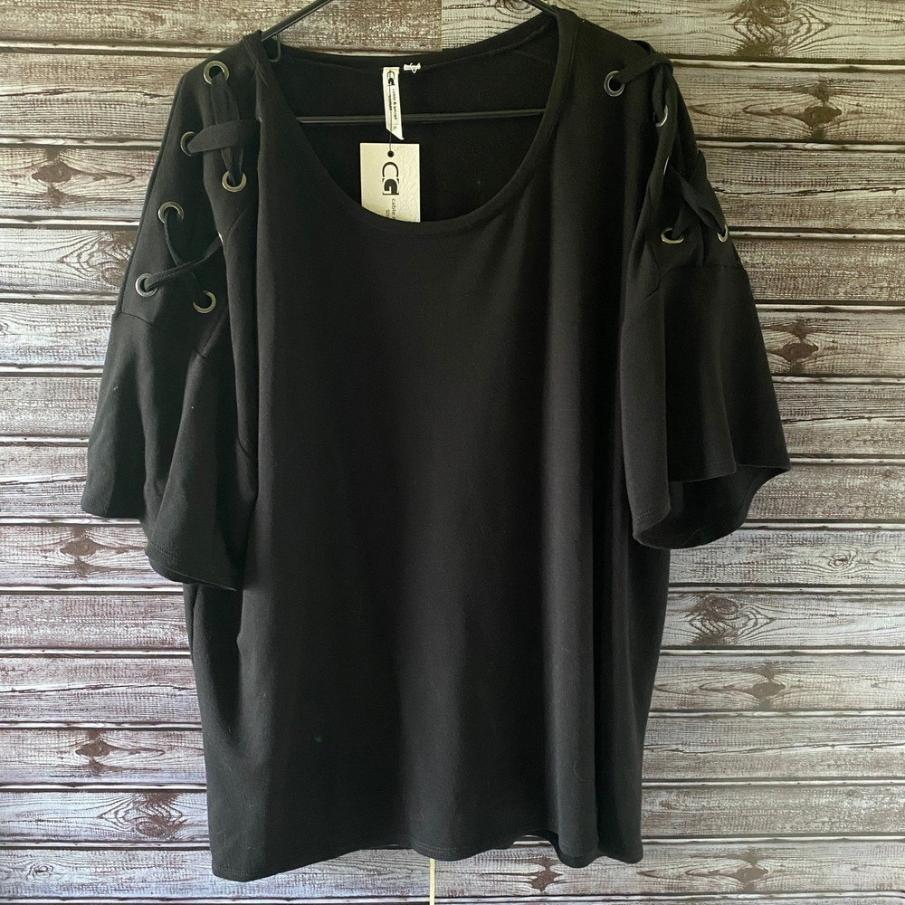 Cable & Gauge Women's Short-Sleeved Top Size 1X Black Lace-Up Detail NWT