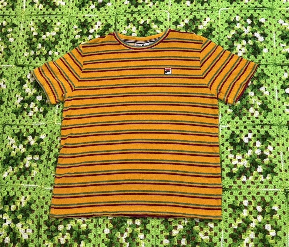 Fila Retro Yellow Red Blue Striped Terry Cloth Streetwear Skater T-Shirt Mens Md