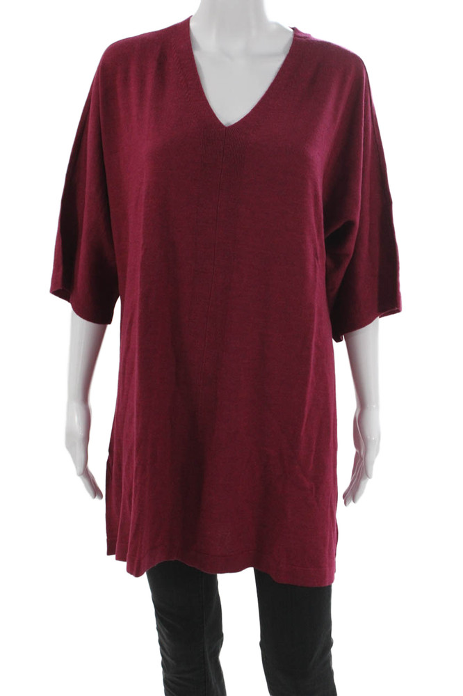 Eileen Fisher Women Red Merino Wool V-Neck Tunic Sweater 3/4 Sleeve Size LFree Shipping in US $100+ Orders | $6.95 Orders Below