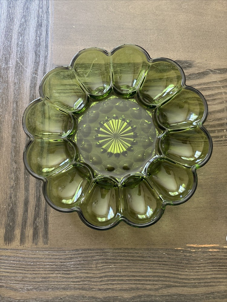 Vintage 1972 Anchor Hocking Fairfield Avocado Green Egg Plate Server