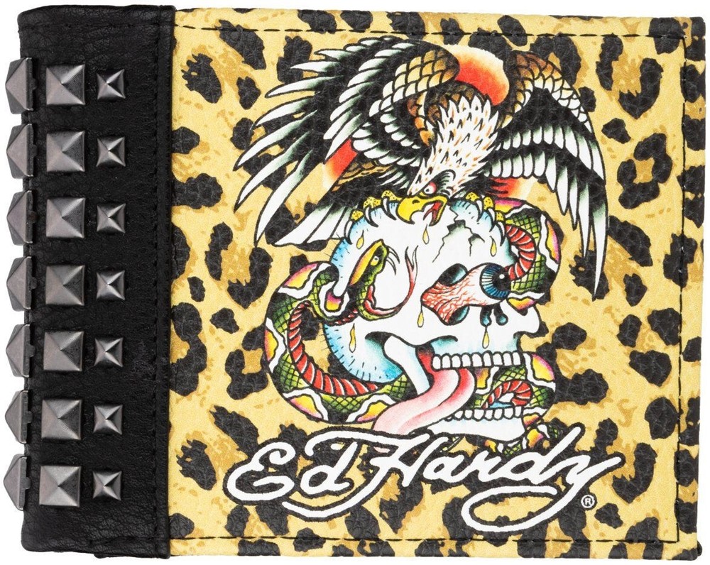 Ed Hardy Leopard Print Skull Studded Bifold Wallet WI91628EHQA