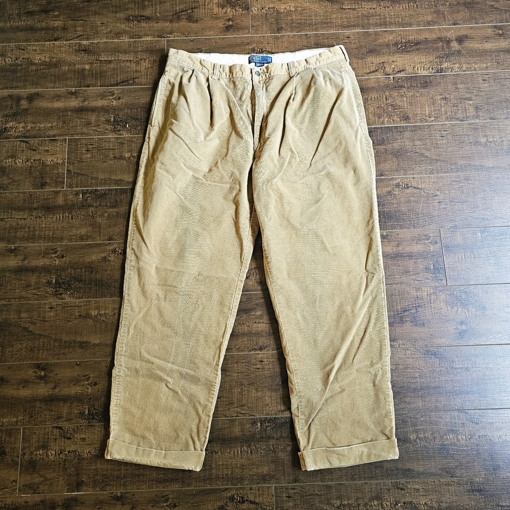Vintage Ralph Lauren Polo Cords Corduroy Pants Pleated 90s Men's 40x28 Tan Brown
