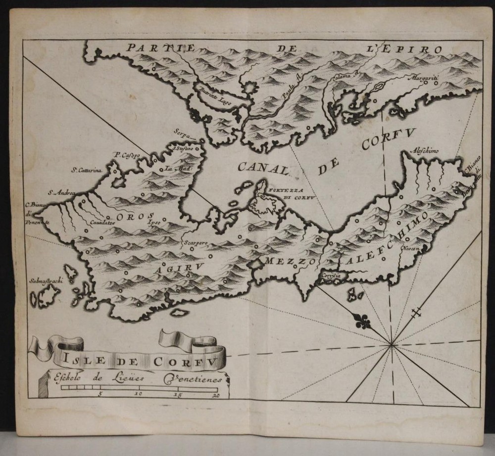 Corfu Kerkyra Greece 1686 Coronelli Unusual Antique Original Miniature MapANTIQUE COPPER ENGRAVED MAP OF KERKYRA CORFU GREECE