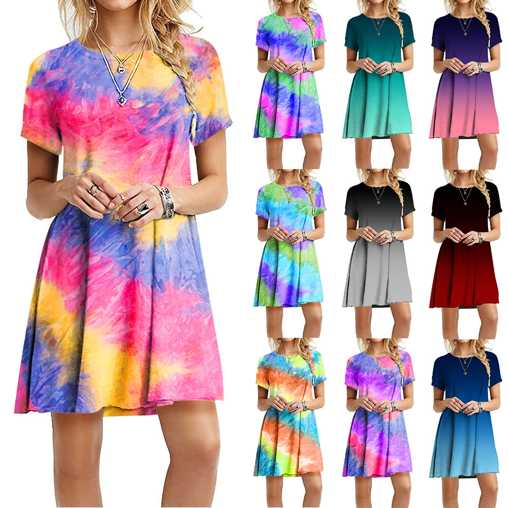 Womens Tie-dye Summer Short Sleeve Casual Dress Crew Neck Print Loose Plus Dress