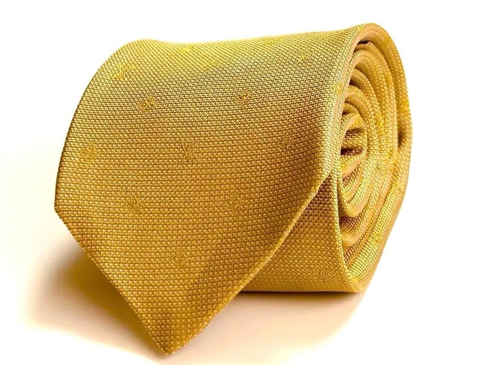 Louis Vuitton Necktie Tie Gold 100% Silk All over monogram Logo pattern LV Used