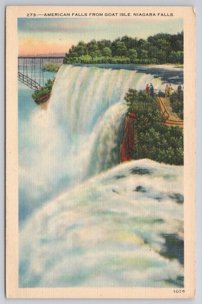 Niagara Falls American Falls from Goat Island Linen Postcard Metrocraft