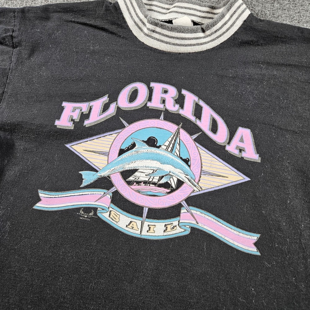 Vintage Florida Shirt Mens Large Black Dolphin Sailboat Graphic Made USA 80s