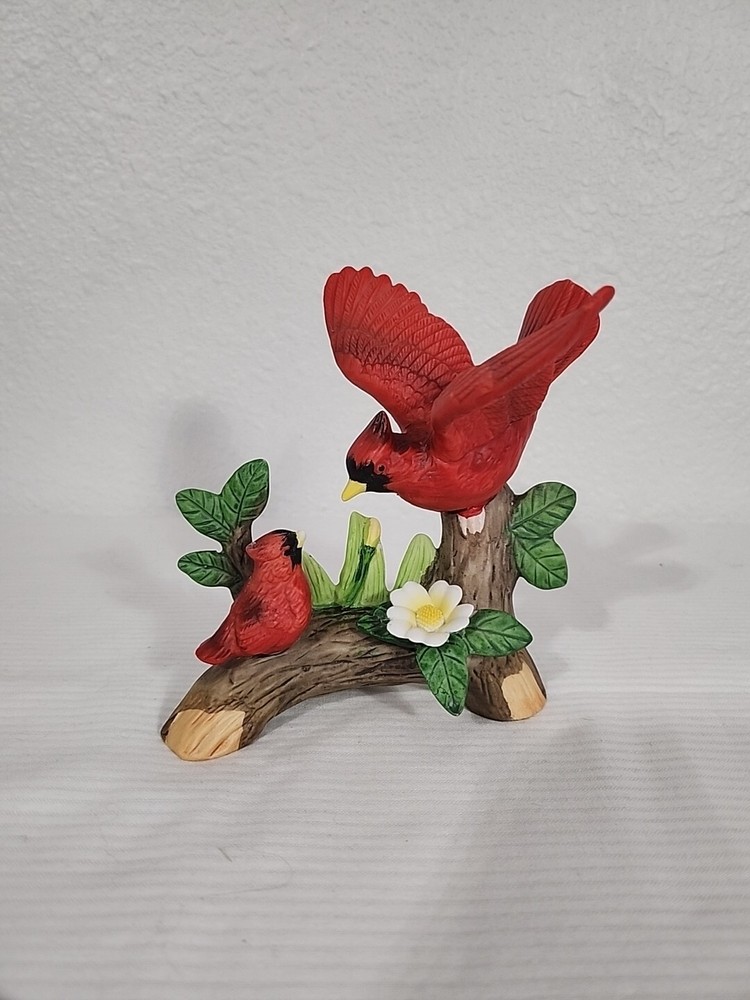 Vtg Cardinal Mother And Baby On Branch Ceramic Figurine - Unbranded