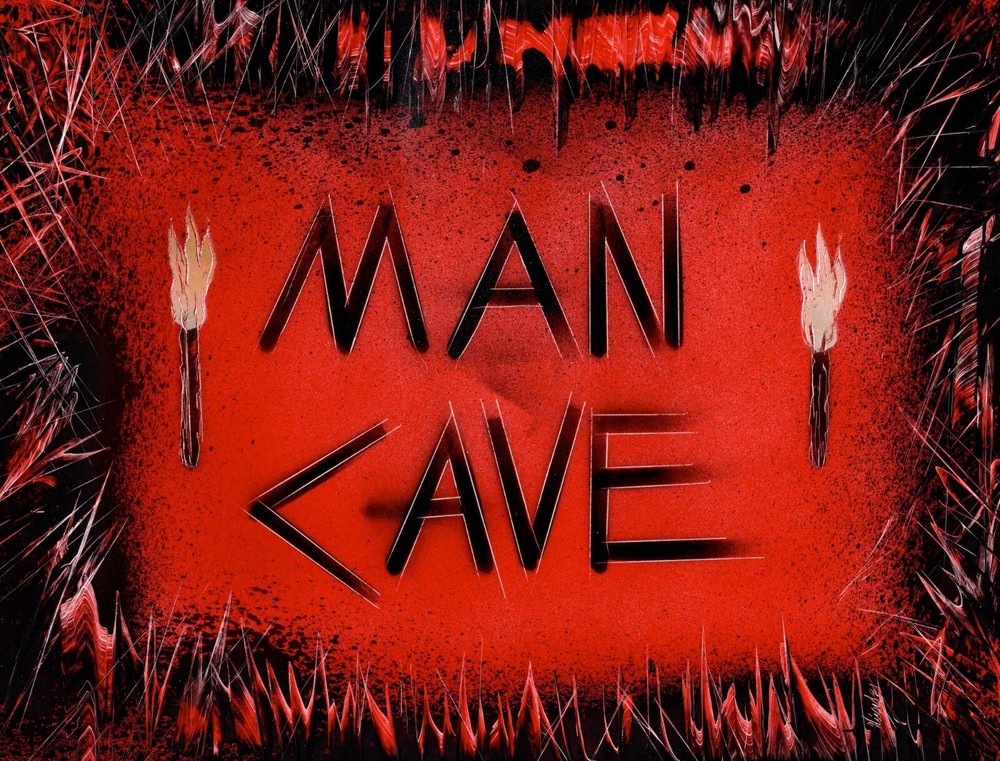Man Cave Sign in Red with Torches by artist Jason Girard in smaller size.
