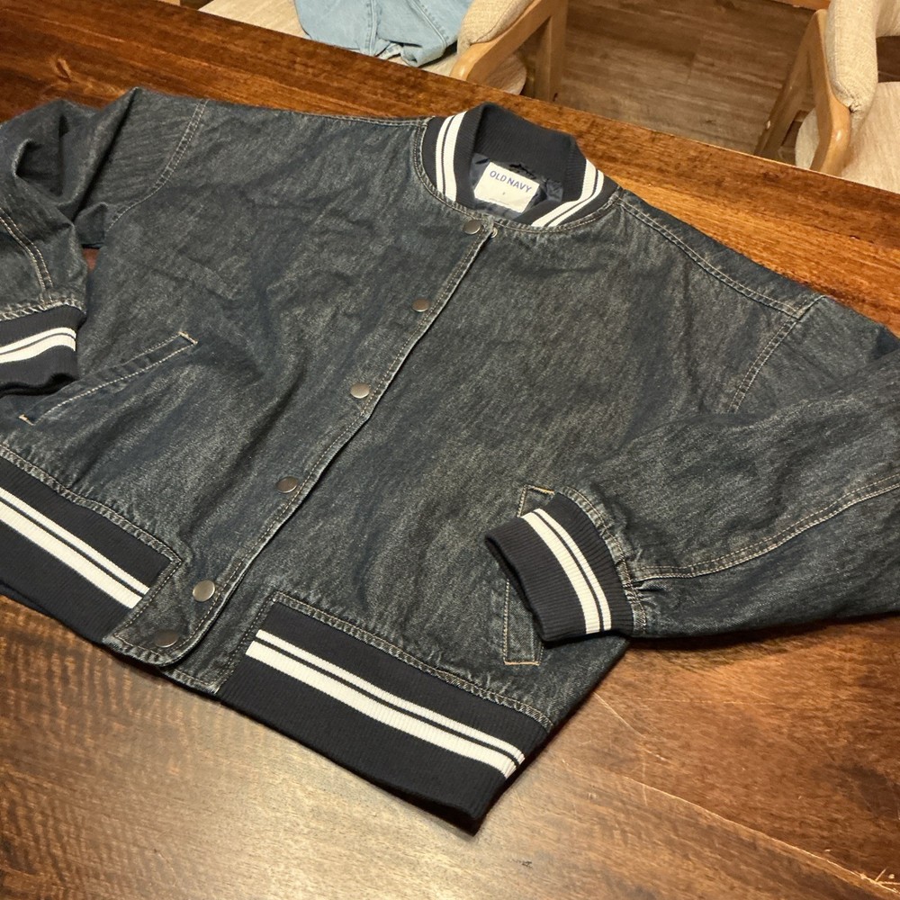 Old Navy Denim Bomber Jacket Varsity Style Snap Front Lined Men Small