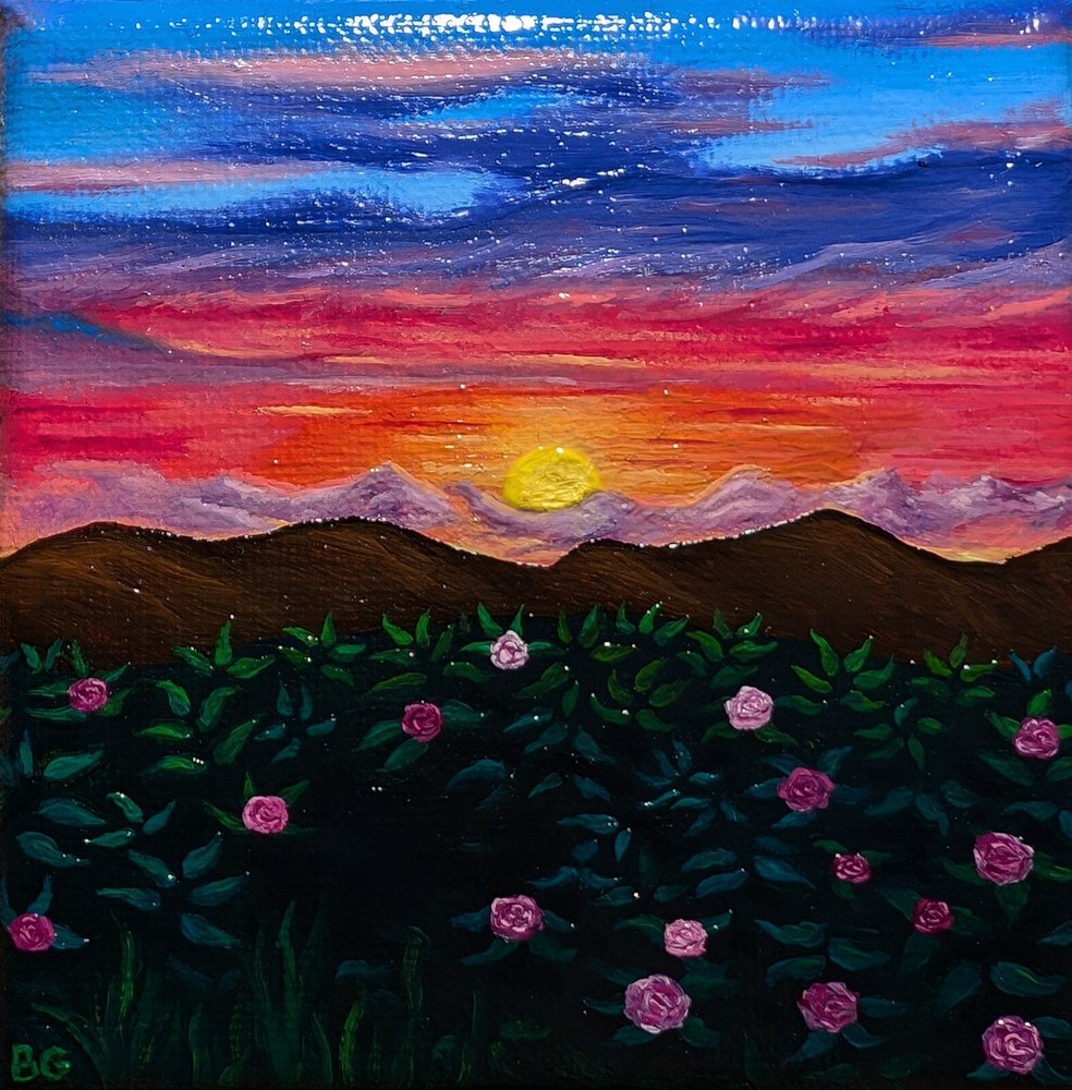 Original 4x4 Sunset Mountain Wildflower Landscape Oil Painting Floral Art