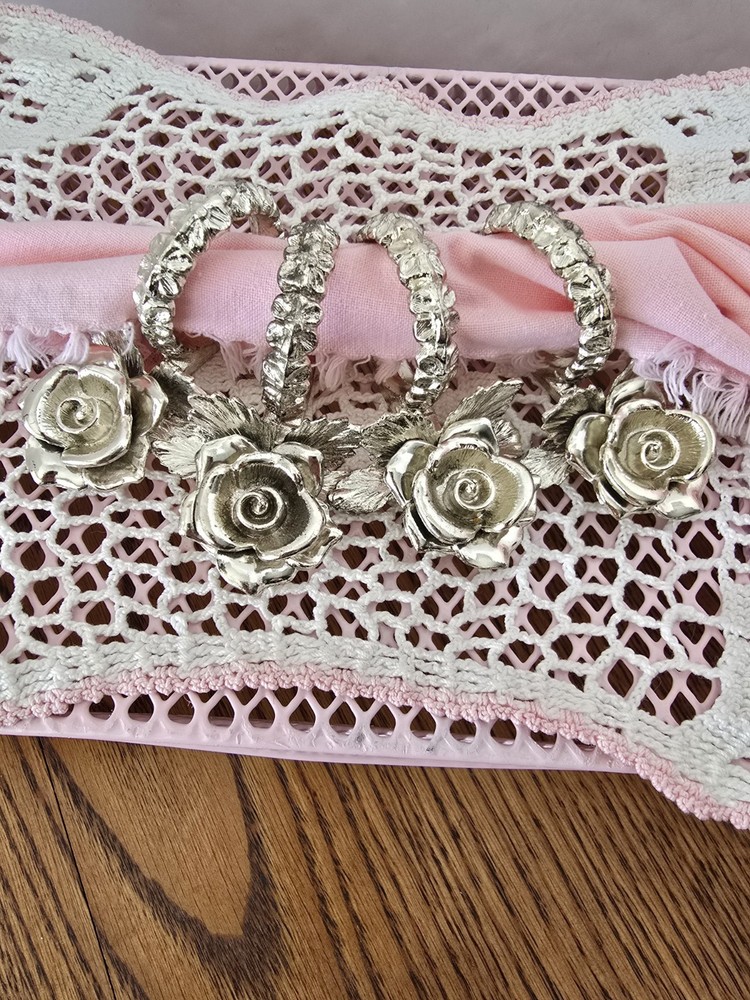 Vintage PRINCESS HOUSE SILVER TONE ROSE FLOWER  HOLDER NAPKIN RING Set of 4 B33