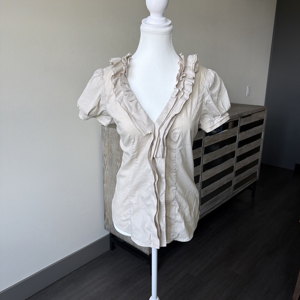 BCBGMAXAZRIA Women's Beige Ruffle Puff Short Sleeve V-Neck Blouse S