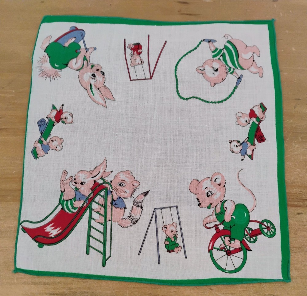 Vgt Children's Animals Playing Cotton Hankie Handkerchief