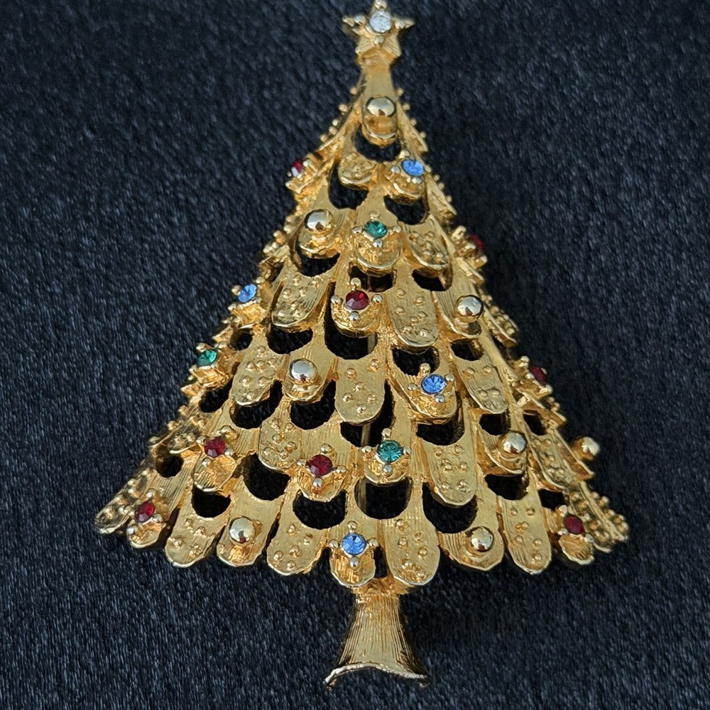 Vintage Eisenberg Ice Signed Christmas Tree Brooch Pin Rhinestone Gold Tone