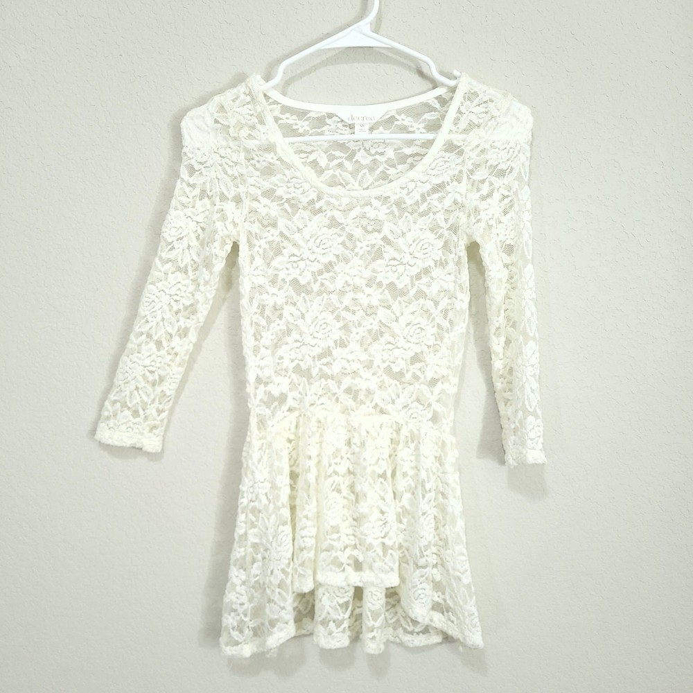 Decree Womens Junior XS Cream Peplum Lace Top Soft Feminine Pullover