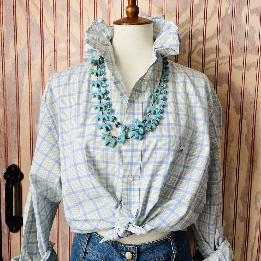 Upcycled Re-worked Lime Green and Sky-Blue Windowpane Ruffle Collar Shirt XL