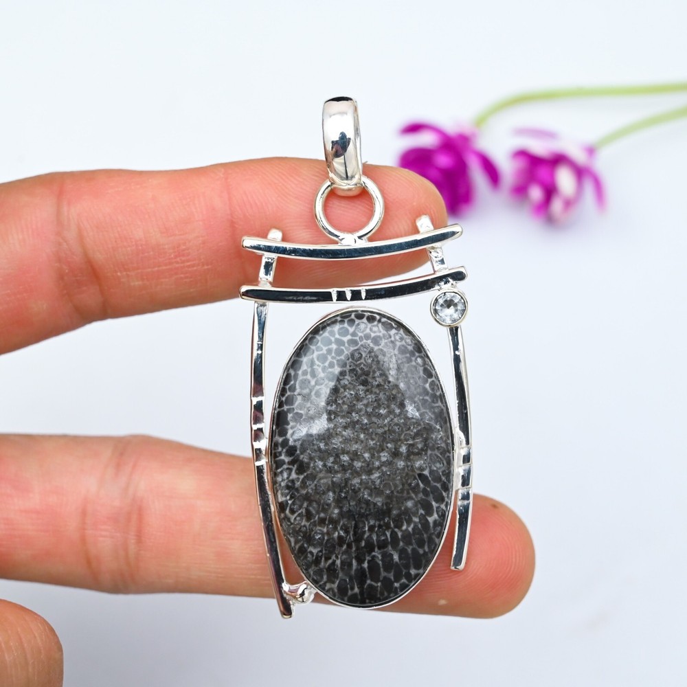 Black Coral Fossil, White  Topaz Pendant 925 Sterling Silver Handmade Jewelry