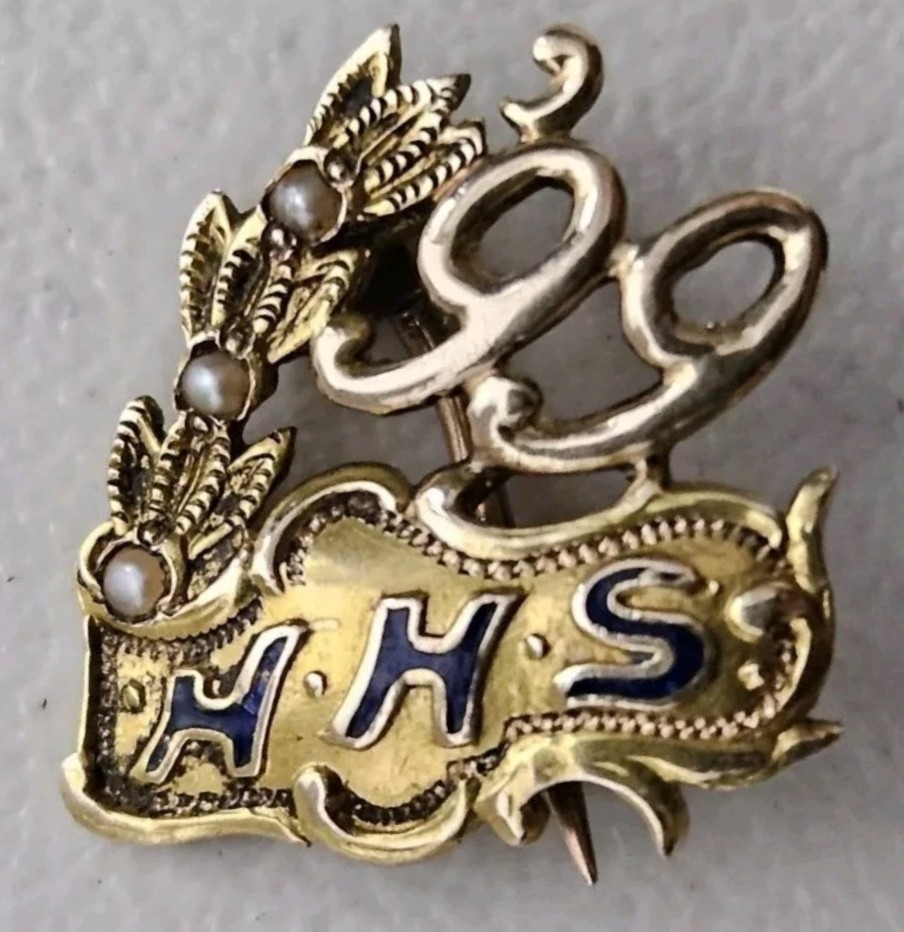 1899 Antique 14K Gold Seed Pearl Blue Enameled High School Pin