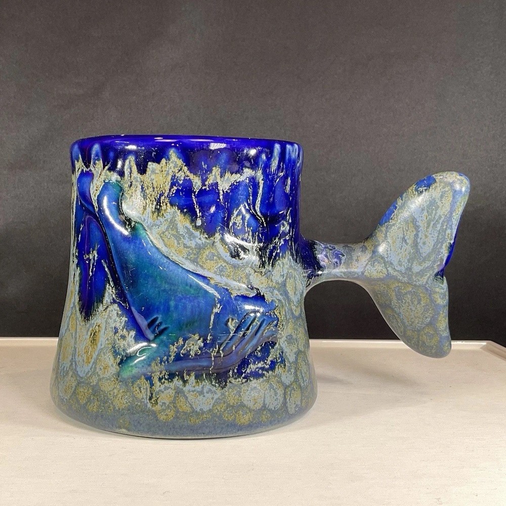 Vintage Whale Tail Mug Blue Drip Pottery Handmade Cabin Nautical